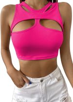 Remidoo Women's Sexy Strap Asymmetrical Neck Cutout Ribbed Knit Slim Fit Cami Crop Top